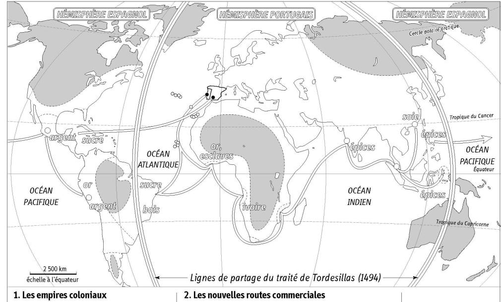 Empires coloniaux et routes commerciales vers 1550