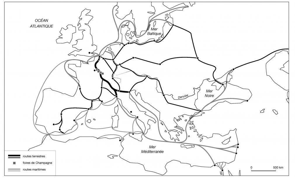 Villes et routes commerciales en Europe au XIIIe siècle